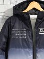 SHEIN Boys' Youth Casual Comfortable Slogan Print & Ombre Color Hooded Jacket