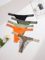 5pcs/pack Women's Leopard Print & Letter And Rhinestone Decor Thong Underwear