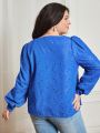 SHEIN Frenchy Plus Size Women's Vacation Square Neck Embroidered Fabric Long Sleeve Shirt