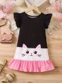 SHEIN Kids QTFun Toddler Girls' Color Block And Adorable Cat Printed Dress With Ruffled Hem