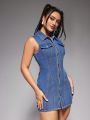 Women's Blue Denim Sleeveless Single Breasted Jeans Dress