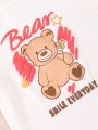 SHEIN Kids FANZEY Girls' Casual Printed T-Shirt With Bear And Letters Design