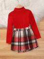 SHEIN Kids Y2Kool Toddler Girls' Fashionable Sweetheart Knit Round Neck Long Sleeve Shirt And Plaid Skirt