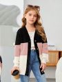 SHEIN Tween Girls' Casual Loose Fit Long Sleeve V-neck Cardigan Sweater, Multicolor, Autumn/winter