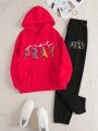 SHEIN Slayr Women's Letter Print Hoodie Sweatshirt And Sweatpants Set With Kangaroo Pocket And Drawstring