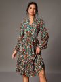 SHEIN Tall Floral Print Notched Neckline Long Sleeve Dress