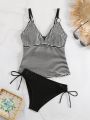 SHEIN Swim Vcay Striped Halter Neck Solid Bikini Set With Triangle Bottom