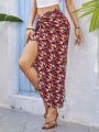 SHEIN VCAY Women's Floral Printed Vacation Maxi Skirt With Twisted Front Knot And High Slit