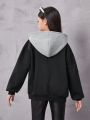 SHEIN Kids HYPEME Girls' Fashionable Street Style Knit Color Block Hooded Cardigan Sweater