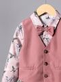SHEIN Kids FANZEY Boys' Elegant Slim Fit Suit With Bow Tie Collar Shirt, Vest And Long Pants