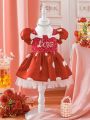 Baby Girl Valentine'S Day Polka Dot & Letter Print Tulle Patchwork Bowknot Dress With Imitation Pearls