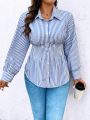 Plus Size Striped Shirt With Waist Tie And Buttons Closure