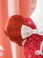 Baby Girl Valentine'S Day Polka Dot & Letter Print Tulle Patchwork Bowknot Dress With Imitation Pearls