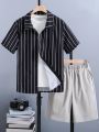 Teen Boys' Trendy Striped Collar Shirt And Solid Color Shorts 2pcs/Set