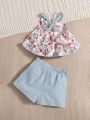 SHEIN Baby Girl Floral Printed Halter Top And Shorts Set