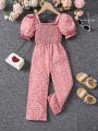 SHEIN Kids EVRYDAY Girls (Small) Love Printed Puff Sleeves And Chest-Covering Jumpsuit