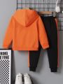 Young Boy Fashionable Color Block Splicing Long Sleeve Hooded Loose Comfortable Long Pants Athletic Suit For Autumn