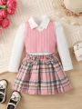 SHEIN Kids CHARMNG Young Girl Three-Piece Set Of Ladylike Jacquard Vest With Shirt And Bow Plaid Skirt