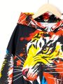 SHEIN Kids HYPEME Tween Boys Casual Hoodie With Tiger Printed And Solid Color Pants Set