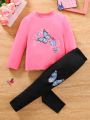 SHEIN Kids FANZEY 2pcs/Set Little Girls' Cute Butterfly Printed Long Sleeve Round Neck Sweatshirt And Pants Sports Suit, Spring/Autumn