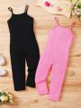 SHEIN Kids QTFun Little Girls' Solid Color Suspender Jumpsuit