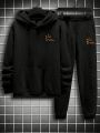 Extended Sizes Men Plus Slogan Graphic Drawstring Hoodie & Sweatpants