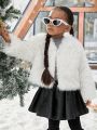 SHEIN Kids Cooltwn Young Girl Solid Open Front Fuzzy Coat