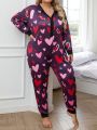 Plus Size Women's Heart Printed Long Sleeve Pajamas