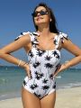 SHEIN Swim Vcay Women's One-Piece Swimsuit With Coconut Tree Print & Knot Detail On Shoulder