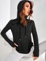 SHEIN Daily&Casual Women's Solid Color Drawstring Hooded Sporty Sweatshirt