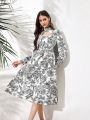 SHEIN Privé Flower Print Hollow Out Stand Collar Long Sleeve Dress