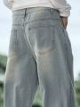 Men Bleach Wash Straight Leg Jeans