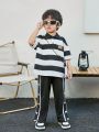 SHEIN Kids KDOMO Toddler Boys' Comfortable Color Block Straight Pants With Side Buckle Detail For Casual Wear