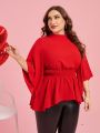 SHEIN Clasi Red Stand Collar Waist Loose Cuffs Plus Size Shirt