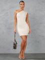 SHEIN BAE Ladies' Solid Color Knitted One-Shoulder Irregular Hem Bodycon Dress For A Summer Stroll