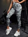 Camo Print Wideband Waist Topstitching Sports Leggings