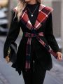 Women's Plaid Patchwork Shawl Collar Hooded Woolen Coat With Belt