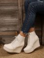 Women's White Wedge Lace-up Ankle Boots With Thick Sole