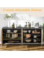 Sideboard Buffet Cabinet with Storage, Console Table Rattan Cabinet with Handmade Natural Rattan Doors and Adjustable Shelf, Accent Storage Credenzas for Living Room, Hallway,multifunctional use,black and wood