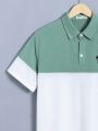 SHEIN Teen Boy's Casual Basic Horse Print Patchwork Polo Shirt With Embroidery