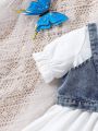 Baby Girl'S Denim Suspender And Puff Sleeve Dress Suit