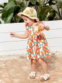 SHEIN Baby Girl's Casual Holiday Floral Pattern Colorblock Bowknot Flutter Sleeve Dress