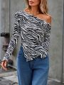 SHEIN Essnce Zebra Striped Irregular Hem Long Sleeve T-Shirt