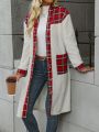 Plaid Panel Button Front Dual Pocket Teddy Coat