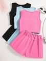 Teenage Girls' Casual Street Style Vest And Shorts Set