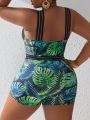 SHEIN Swim Vcay Plus Size Women'S One-Piece Swimsuit With Tropical Plant Print