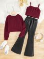 SHEIN Kids HYPEME Tween Girl Solid Cami Top & Flare Leg Pants & High Low Hem Tee