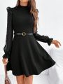 SHEIN Frenchy Mesh Tufted Stand Collar Dress With Ruffle Long Sleeves