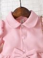 Baby Girl Solid Bow Front Peter Pan Collar Puff Sleeve Bow Front Coat