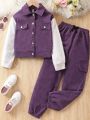 SHEIN Kids HYPEME Big Girls' Casual Street Style Plush Patchwork Color Block Jacket And Long Pants Two Piece Set